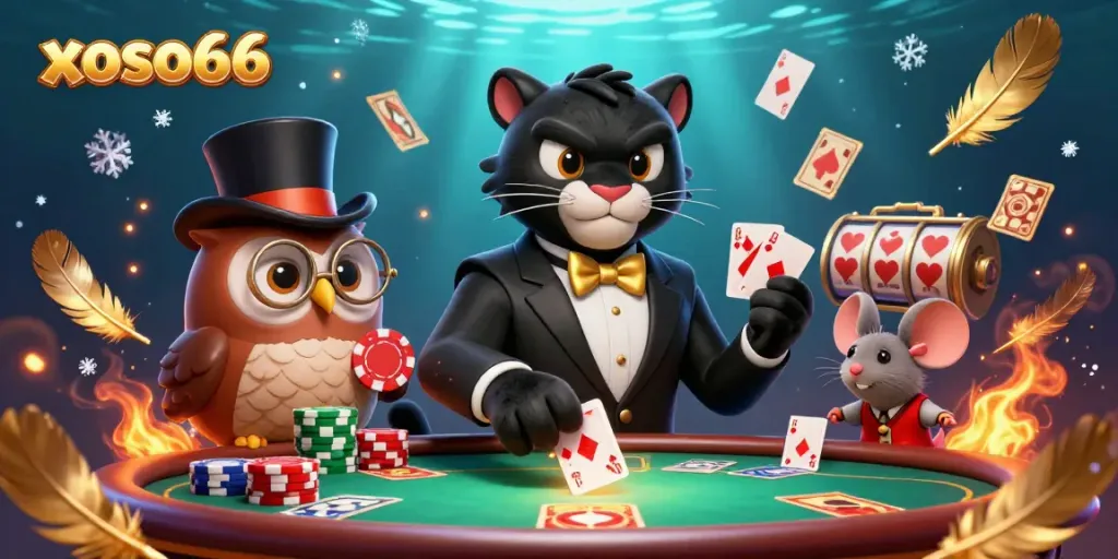 Experience thrilling action at xoso66 with a stylish panther dealing cards amidst spectacular casino elements.