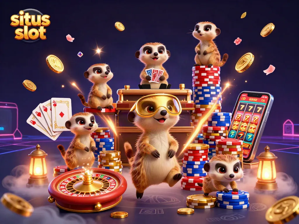 Meeerkats menjalankan operasi situs slot dengan gemerlap koin dan simbol keberuntungan, suasana kasino yang meriah