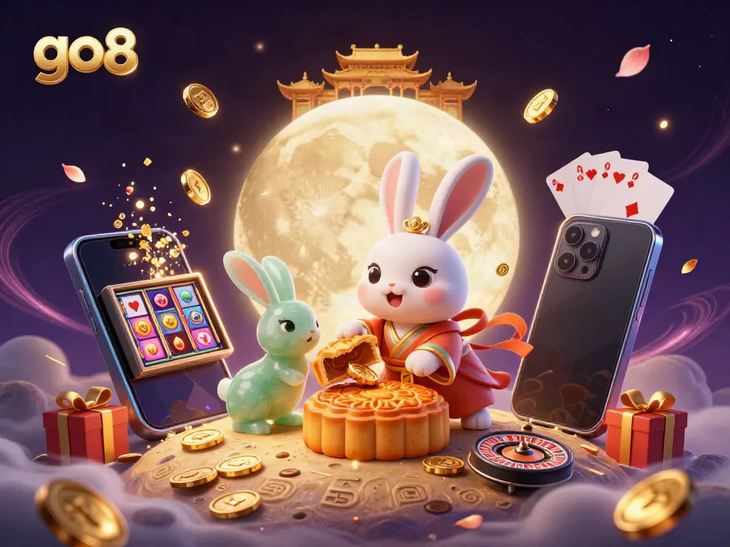 Experience the enchanting go8 online casino with the moon rabbit and poker chips in a vibrant 3D scene.