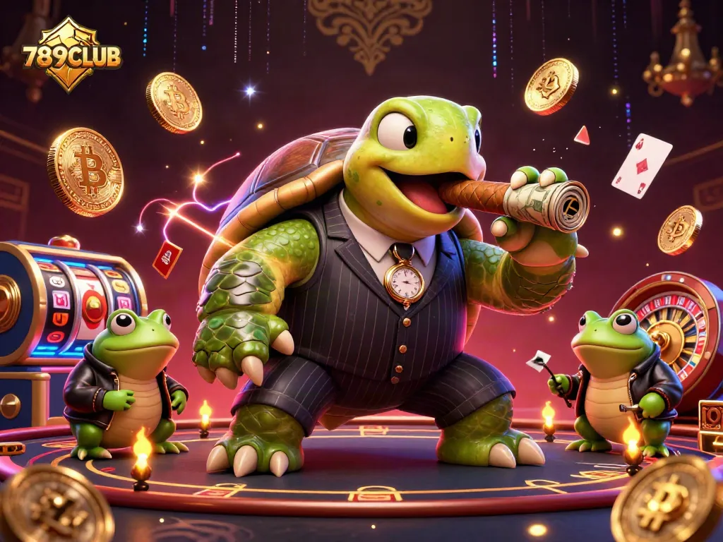 Engage with 789CLUB's vibrant casino scene, featuring a snapping turtle and bullfrog enforcers.