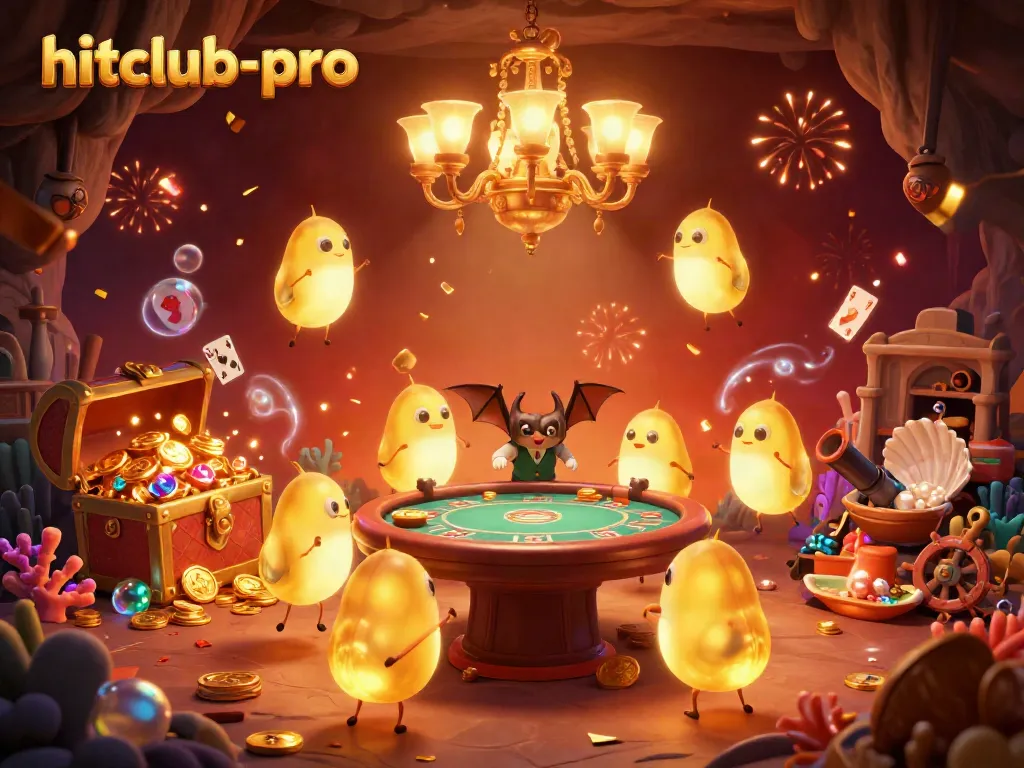 Experience hitclub-pro's vibrant casino atmosphere with glowing characters and treasure elements.