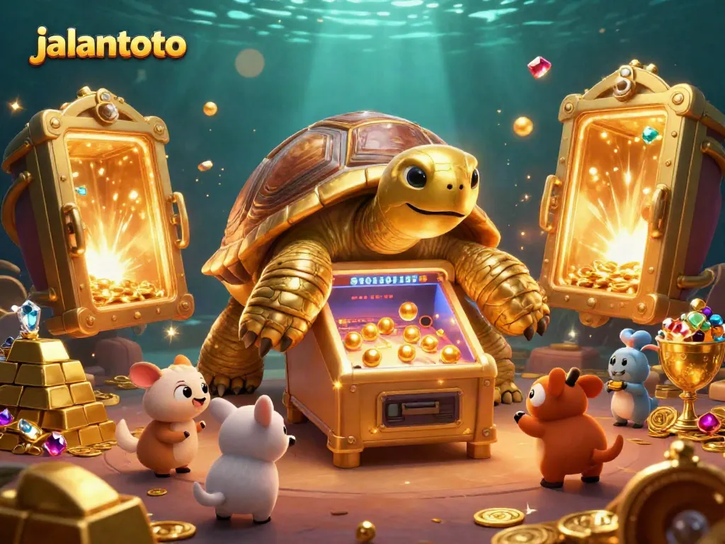 Experience thrilling jackpots with jalantoto's vibrant 3D casino illustration featuring a golden tortoise and exciting game elements.