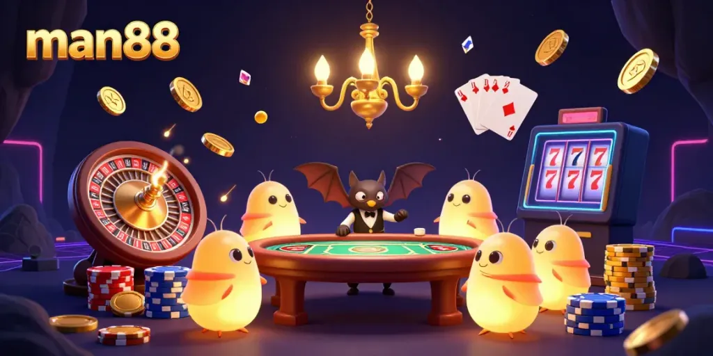Experience man88’s casino magic with glowworms and a bat dealer in a vibrant cave scene.