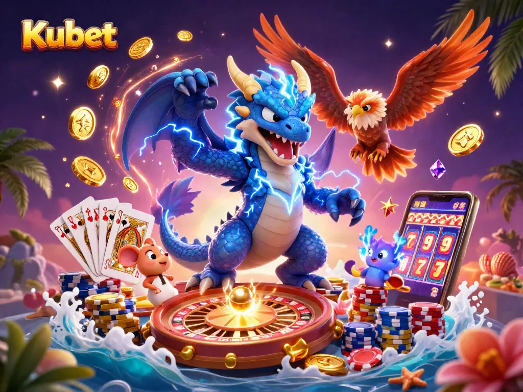 Kubet features engaging characters like a thunder dragon and wind hawk in a vibrant online casino scene
