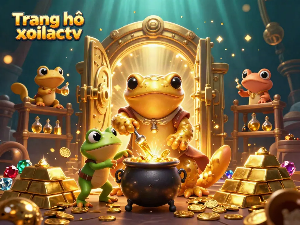 Engage in thrilling moments with Trang chủ xoilactv showcasing vibrant 3D alchemy scene filled with golden treasures and cauldrons.