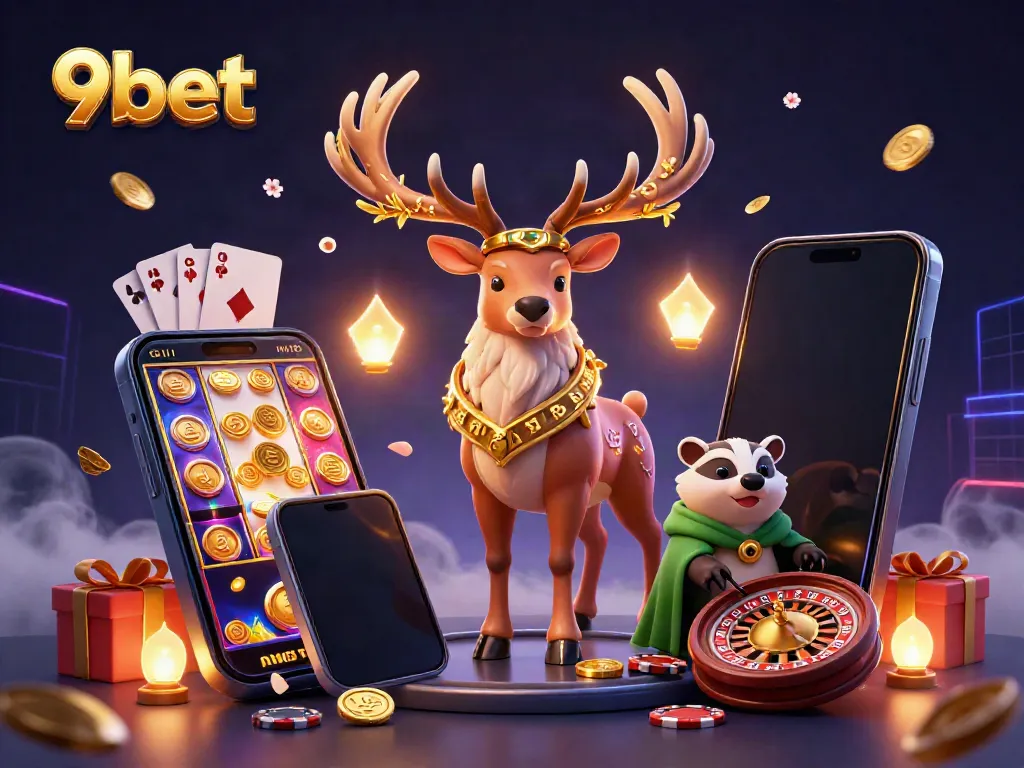Experience dynamic gameplay with 9bet's vibrant illustration featuring a rich casino scene.