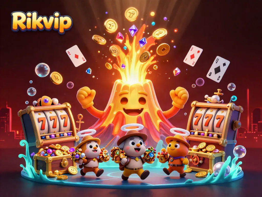 Experience the triumph of Rikvip with a golden volcano, coins, and treasure-filled adventure.