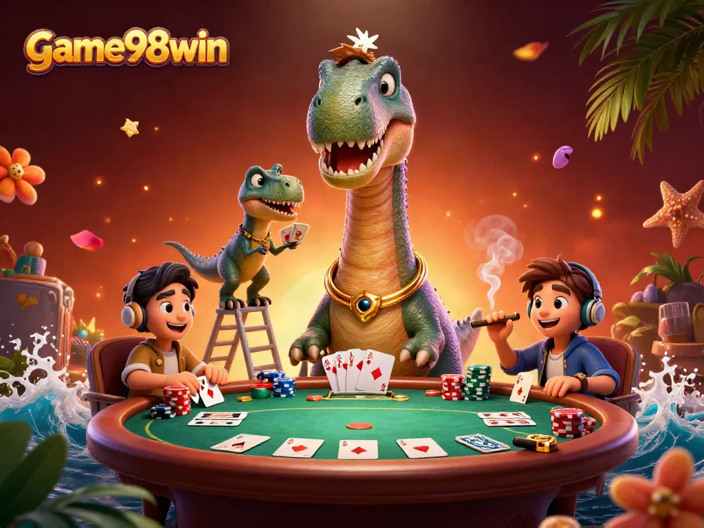 Experience an exciting game at game98win with vibrant casino action and dinosaur dealers!