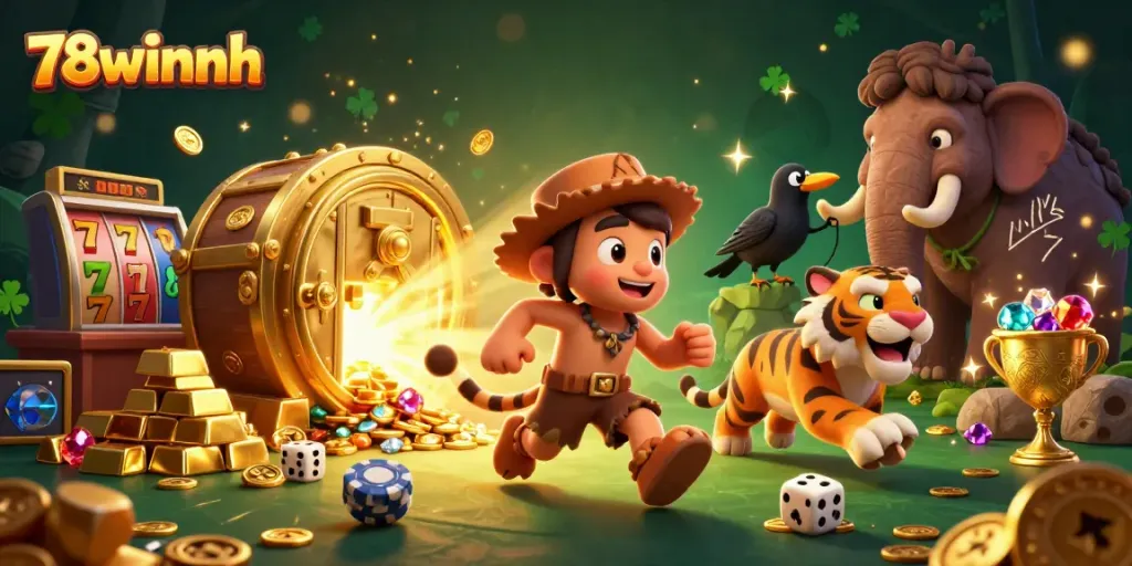 Experience big wins at 78winnh with a dynamic 3D casino illustration showcasing exciting games and vibrant colors.