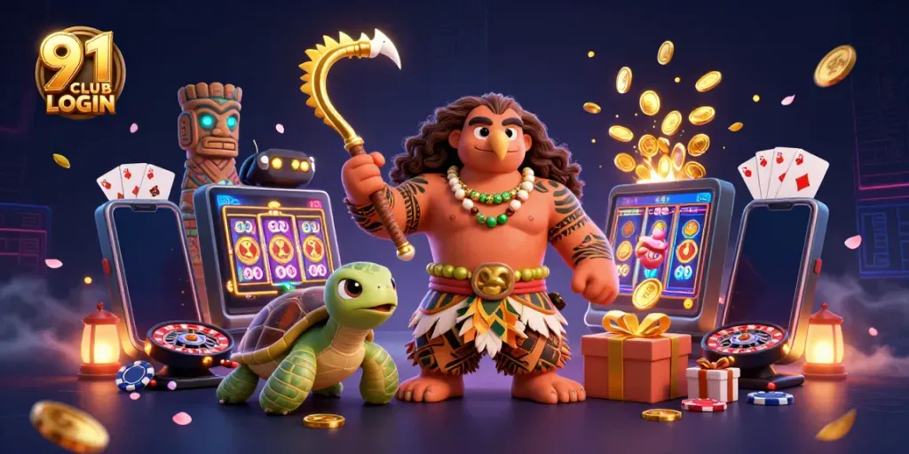 Engage in thrilling gaming with 91 CLUB LOGIN featuring a vibrant cartoon scene filled with casino elements.