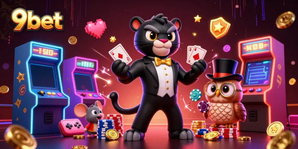 Experience thrilling gaming with 9bet as a stylish black panther deals cards in a vibrant casino setting.