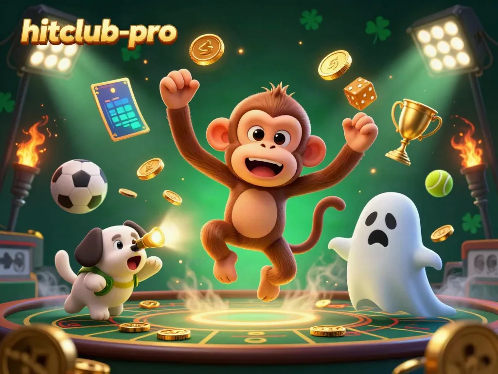 Experience excitement in hitclub-pro as a playful poltergeist monkey juggles casino riches amidst thrilling sports elements.
