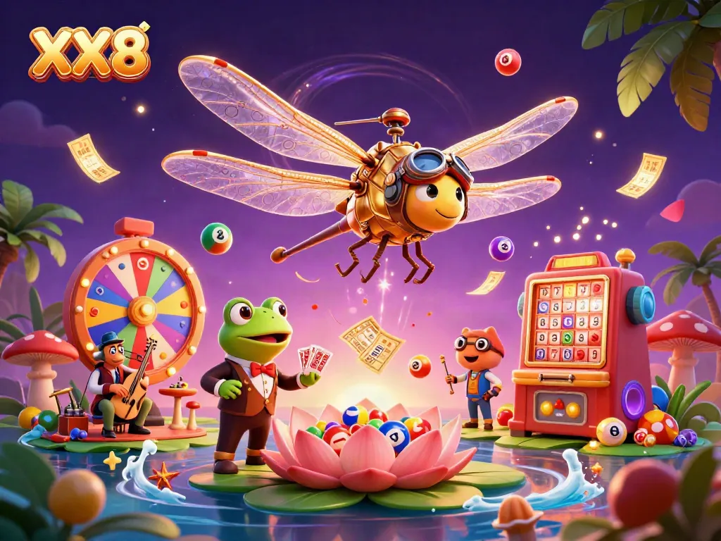 Experience the excitement of XX8 as a dragonfly pilot and a frog croupier engage in festive casino action.