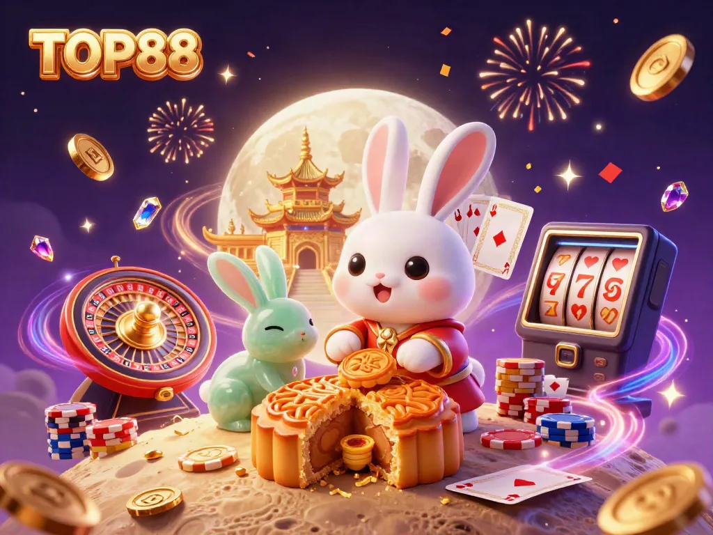 TOP88 moon rabbit character revealing poker chips amidst vibrant casino elements and fireworks.