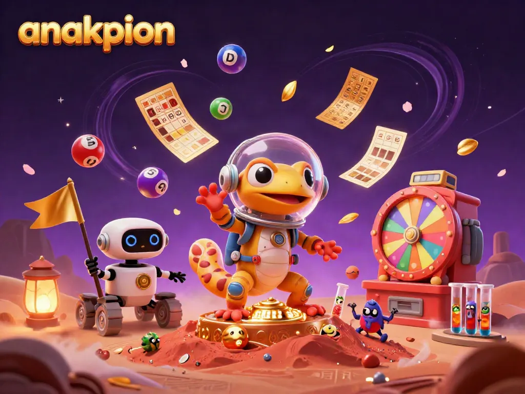 Experience the thrilling wonders of anakpion as a Martian gecko uncovers a golden casino amid exploding visuals of lottery balls.