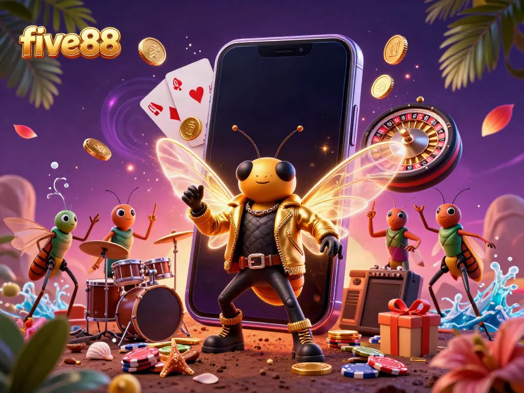 Experience five88's vibrant casino adventure with a lively rock star and casino elements.