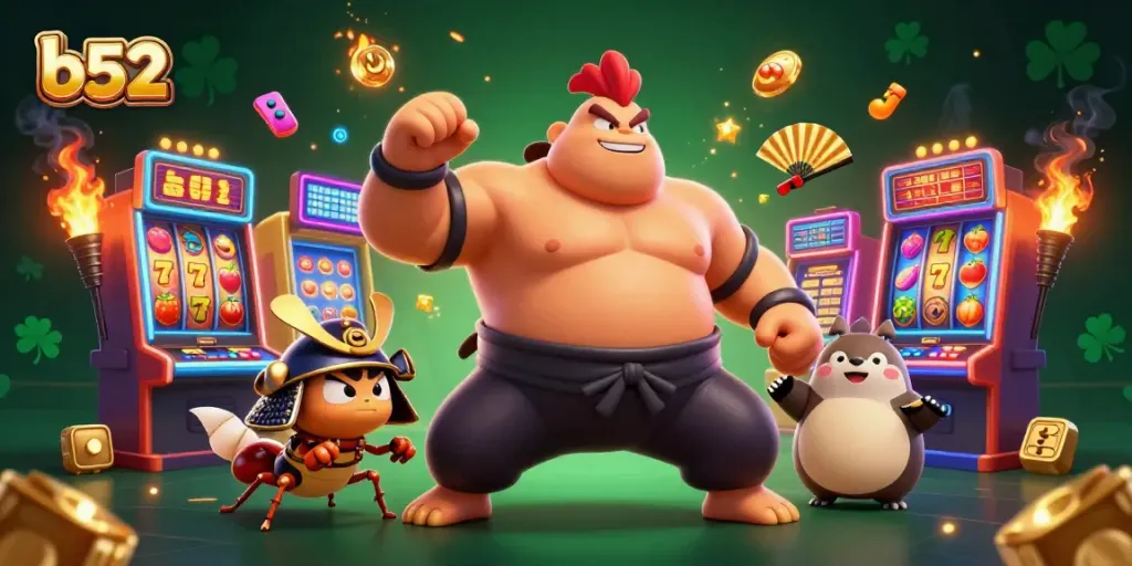 Experience exhilarating b52 casino action with vibrant slot machines and dynamic characters in a colorful scene.