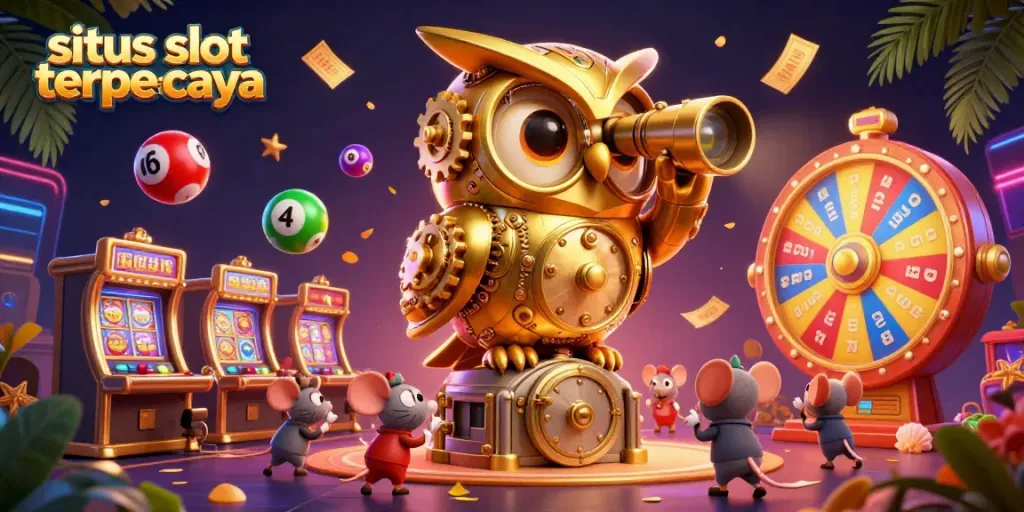 Engage with situs slot terpercaya through vibrant 3D casino scene featuring an owl, mice, and slots.
