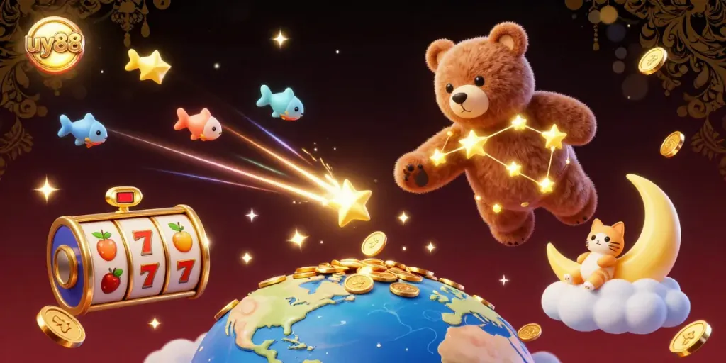 Play games on uy88 with a constellation bear and shooting star fish, immersed in a vibrant online casino.