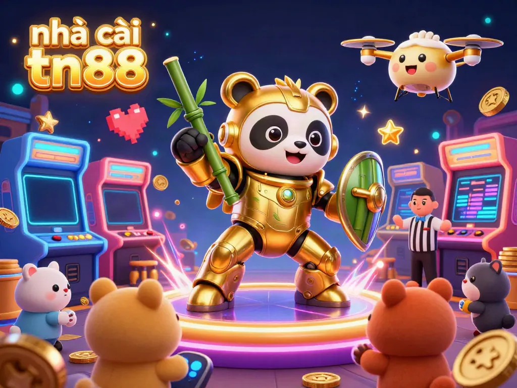 Engage with nhà cái tn88 through a vibrant casino arena featuring an animated panda robot and colorful arcade games.