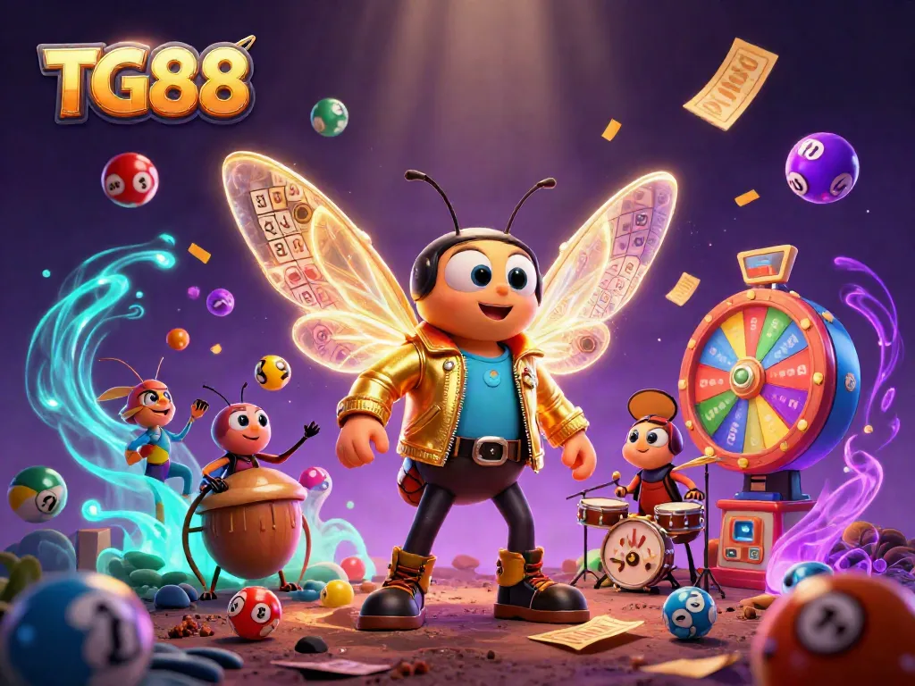 Experience the excitement of TG88 with a rock star cicada, colorful lottery elements, and lively casino vibes.