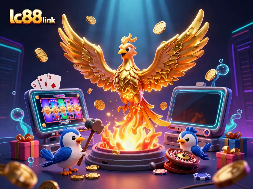 Experience the excitement of lc88 link with a dynamic depiction of gaming elements and a phoenix in a vibrant scene.