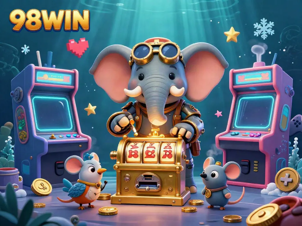 Experience the excitement of 98WIN with a vibrant 3D illustration of animated casino fun.
