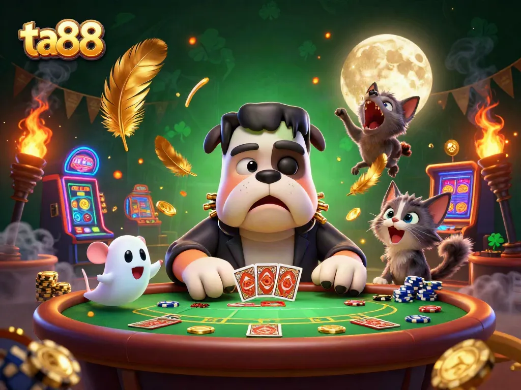 Engage in thrilling games with ta88 at a vibrant casino table featuring unique characters and rich atmospheric effects.