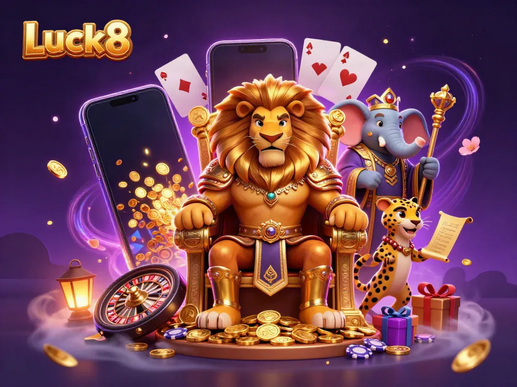 Experience slots and games with Luck8's majestic lion king and vibrant gaming atmosphere.