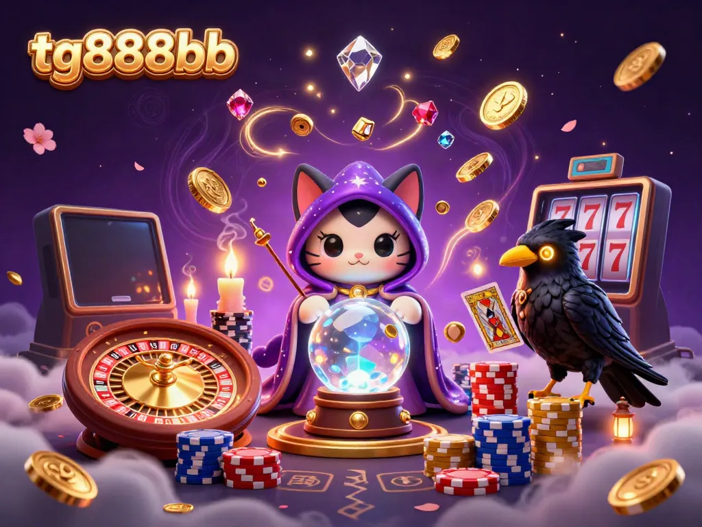 Engage with thrilling games at tg888bb featuring a mystical cat fortune teller and glowing raven.