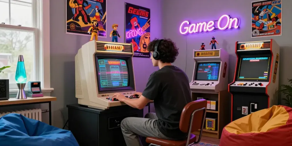 Nostalgic gaming scene with gamer enjoying pecah404 classics in a retro room filled with memorabilia and vibrant decor