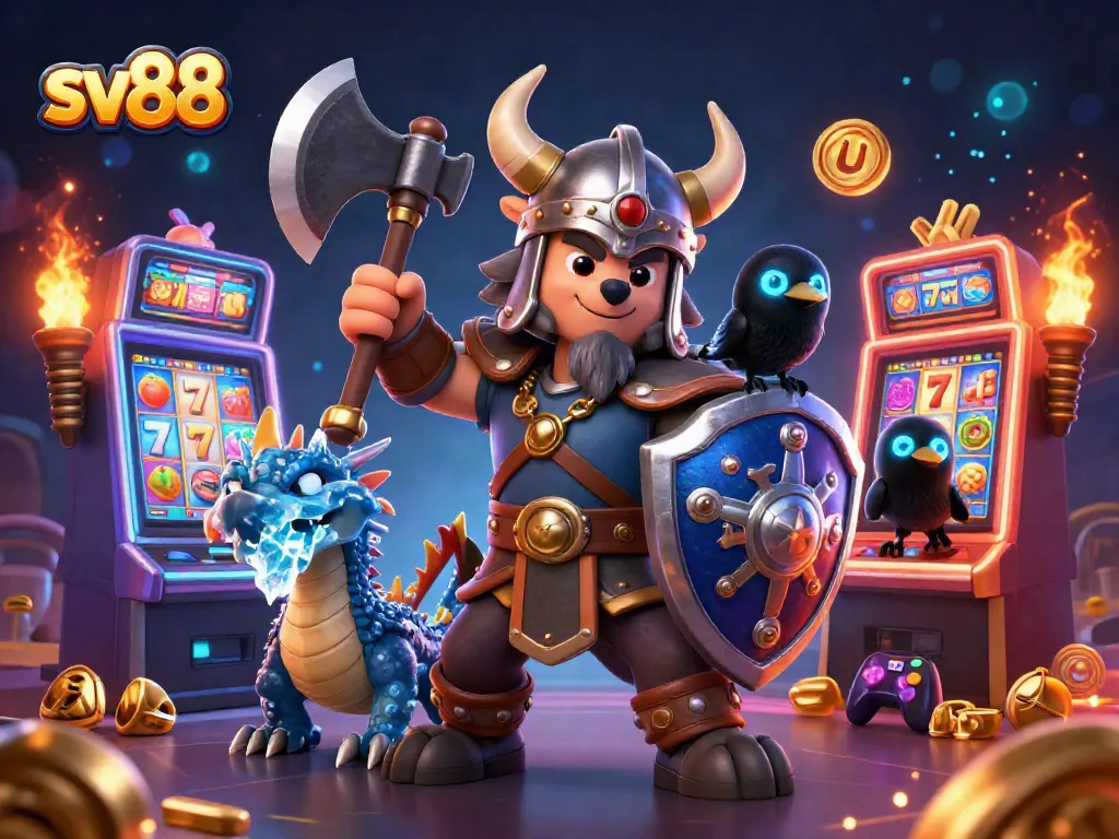 Spin the reels at sv88 to win jackpots with a Viking warrior, fierce dragon, and glowing coins.