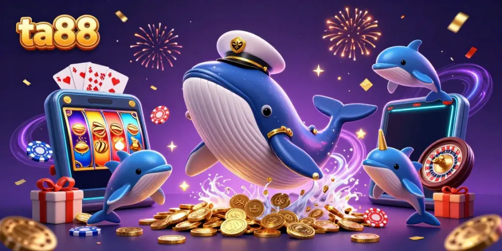 Engaging scene at ta88 with a vibrant whale and dolphins celebrating among coins and game elements.