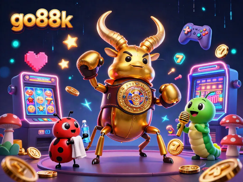 Engage with go88k's vibrant casino atmosphere, featuring a golden stag beetle champion in a dynamic gaming showdown.