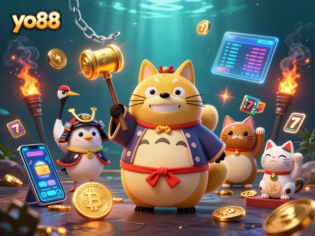 Spin and win big with yo88's vibrant casino scene featuring cheerful characters and glowing crypto elements.