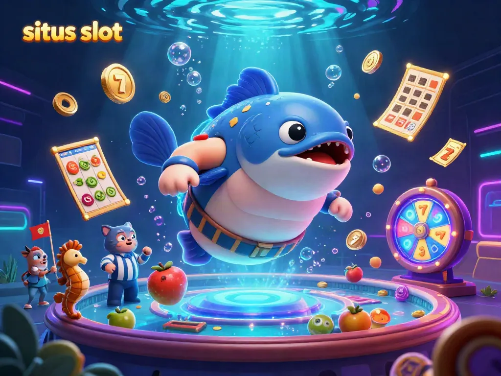 This dynamic scene showcases situs slot with a fugu blowfish and catfish referee in an exciting underwater casino experience.