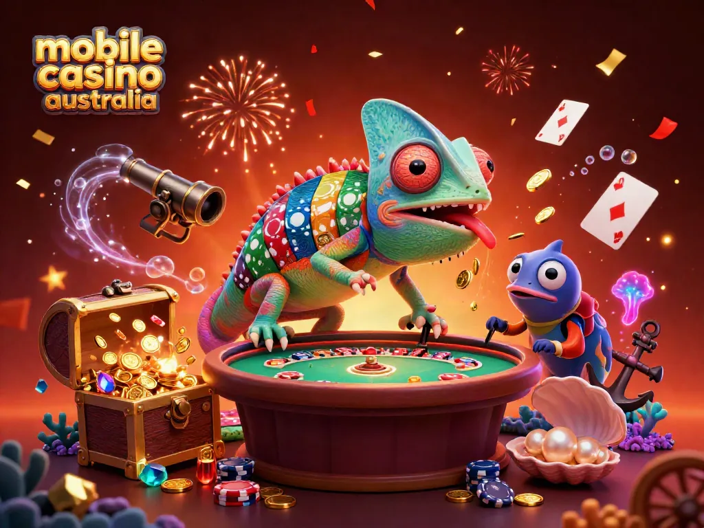 Experience the excitement of mobile casino Australia with vibrant characters and dynamic casino elements.