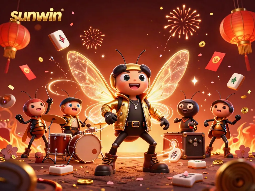 Experience dynamic gameplay with Sunwin, featuring vibrant characters and celebrating casino elements.