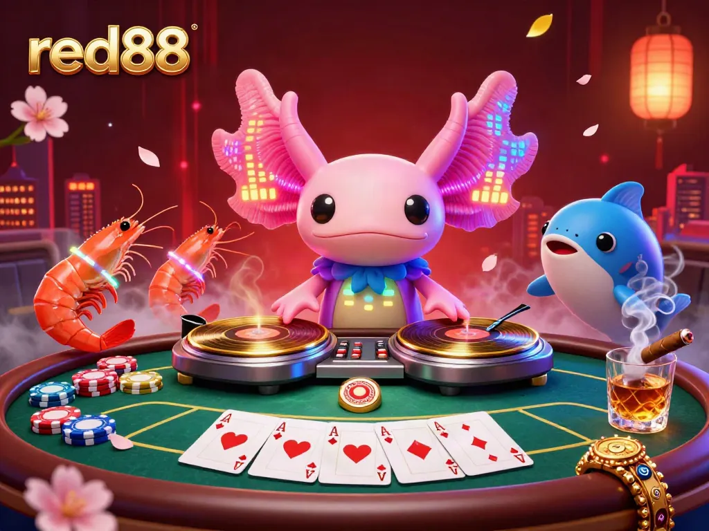 Experience red88's vibrant gambling scene with a neon axolotl DJ and poker elements in a lively 3D illustration.