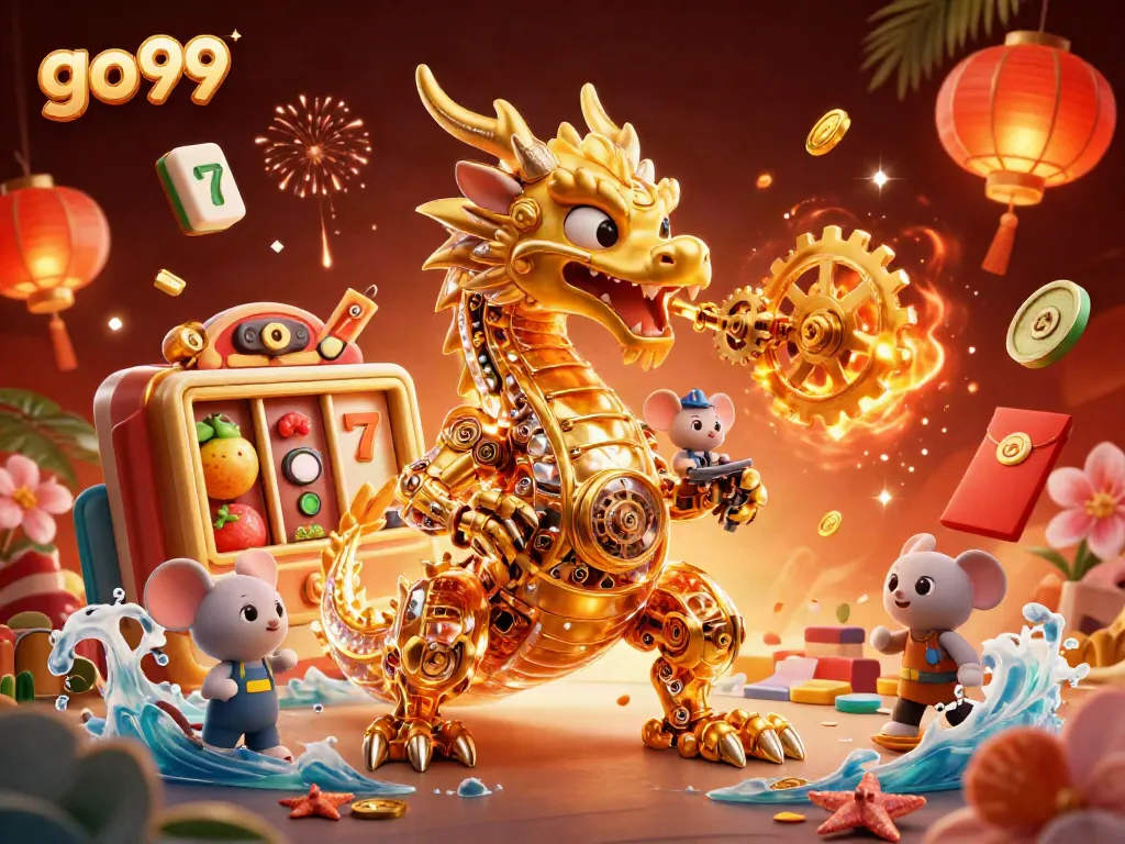 Engage with go99's exciting golden dragon and casino elements in a vibrant 3D illustration.