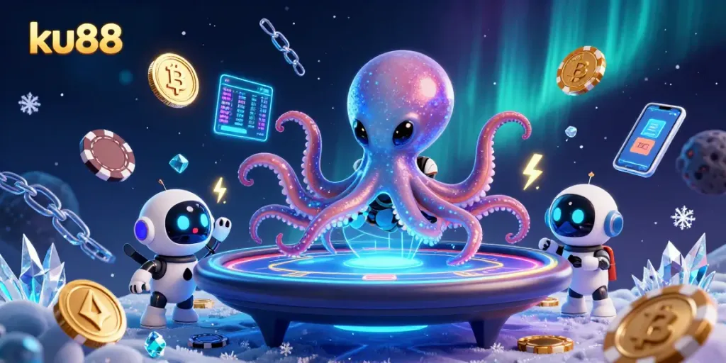 Engage with ku88's lively 3D illustration featuring an alien octopus at a holographic poker table.