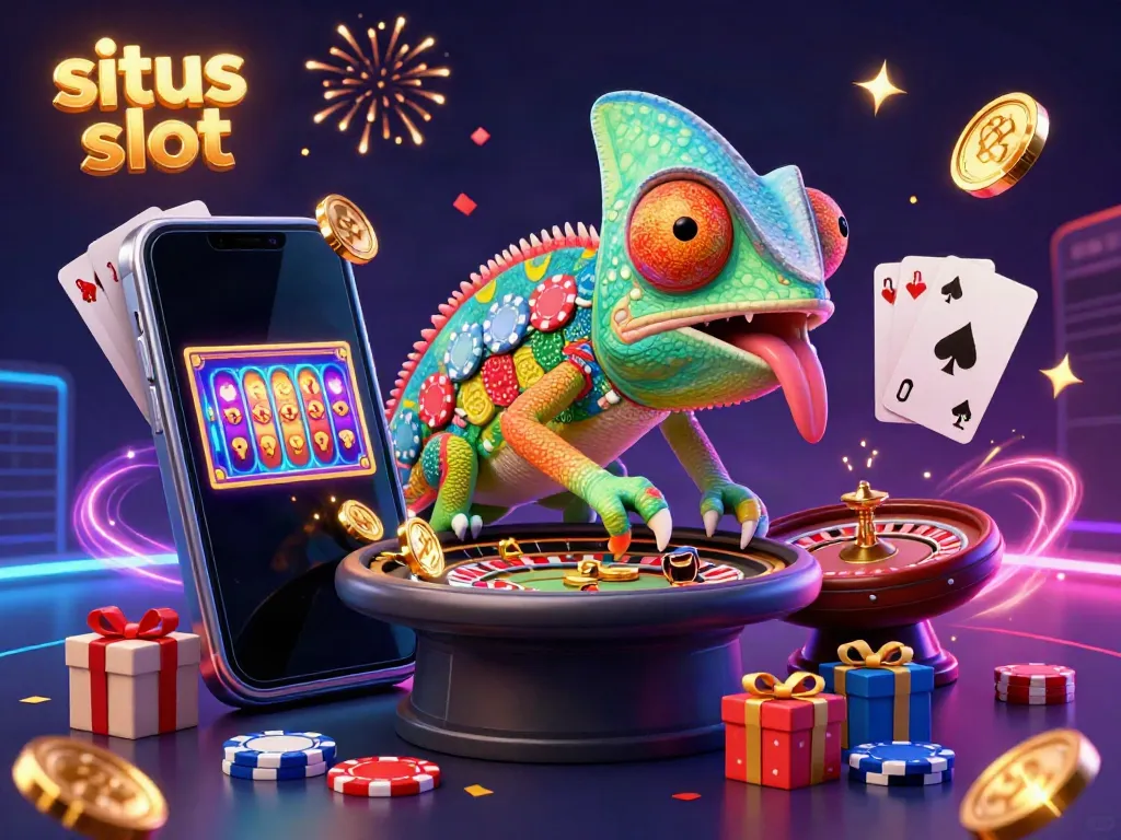 Experience the excitement of situs slot with a vibrant casino scene featuring a chameleon owner and dynamic gaming elements.