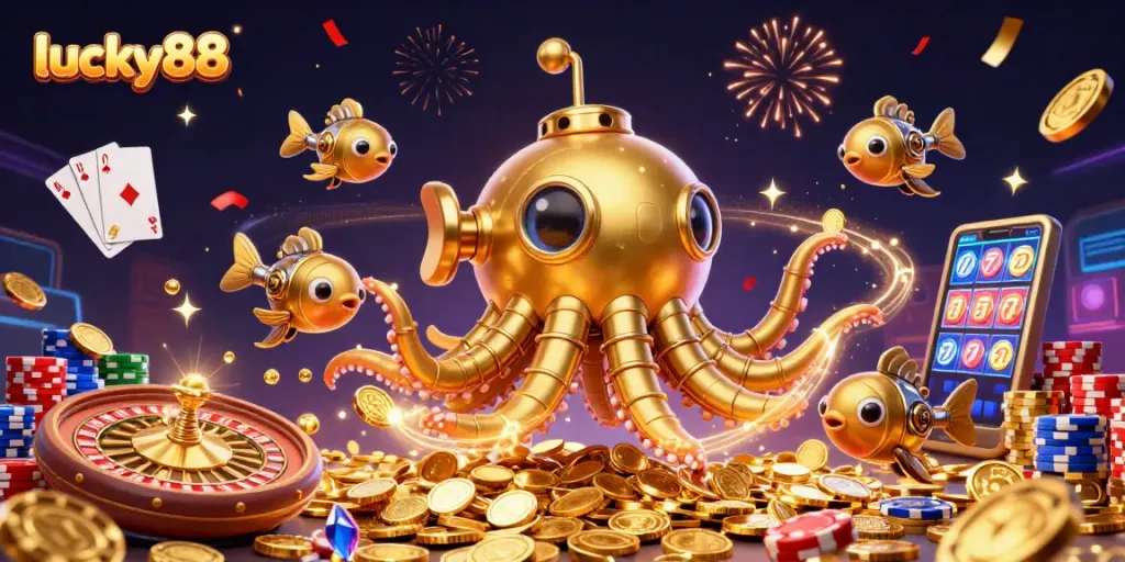 Experience exciting gameplay at lucky88 with a golden kraken submarine amidst cascading coins and vibrant casino elements.