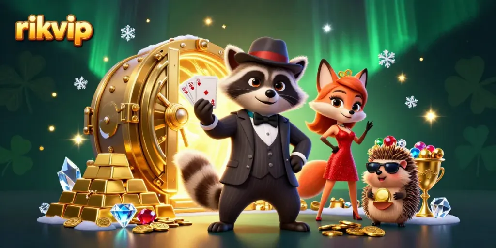 Engage with rikvip's exciting slots and games in a vibrant casino-themed art.