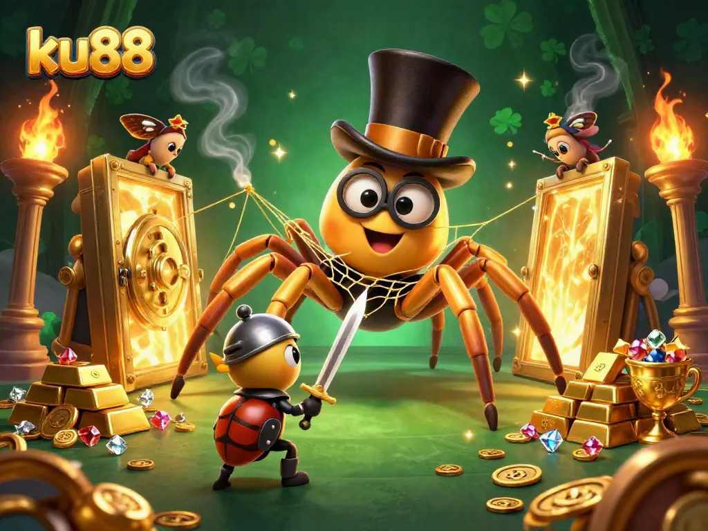 Experience thrilling gaming at ku88 with a vibrant scene of a golden tarantula and brave beetle knight.