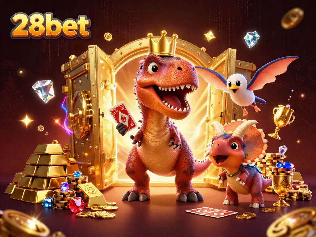 Experience thrilling gameplay at 28bet with a vibrant, cartoonish casino scene full of excitement.