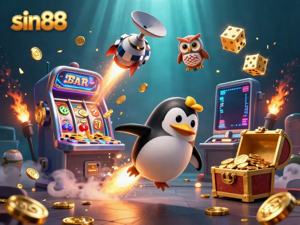 Experience sin88 as a golden penguin blasts toward a casino space station filled with vibrant gaming elements.