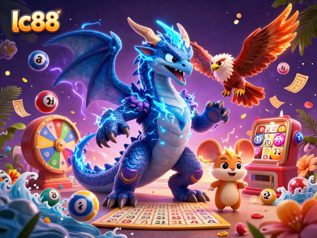 Engage with LC88's electric gaming atmosphere, featuring dynamic lottery elements and vibrant characters.