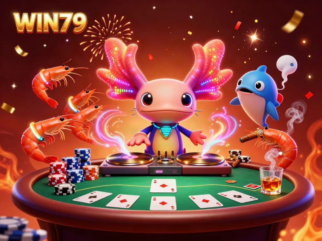 Experience the vibrant world of WIN79 with a dynamic casino scene featuring neon characters and gaming elements.
