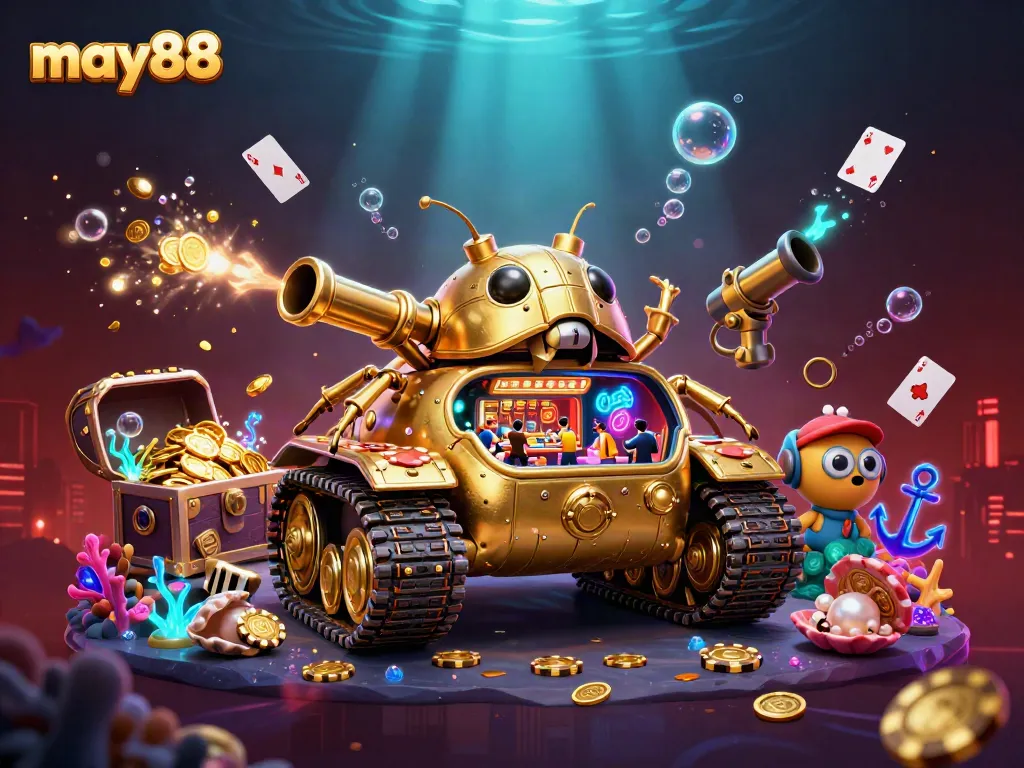 Experience winning at may88 with a vibrant 3D casino scene featuring a golden beetle tank.
